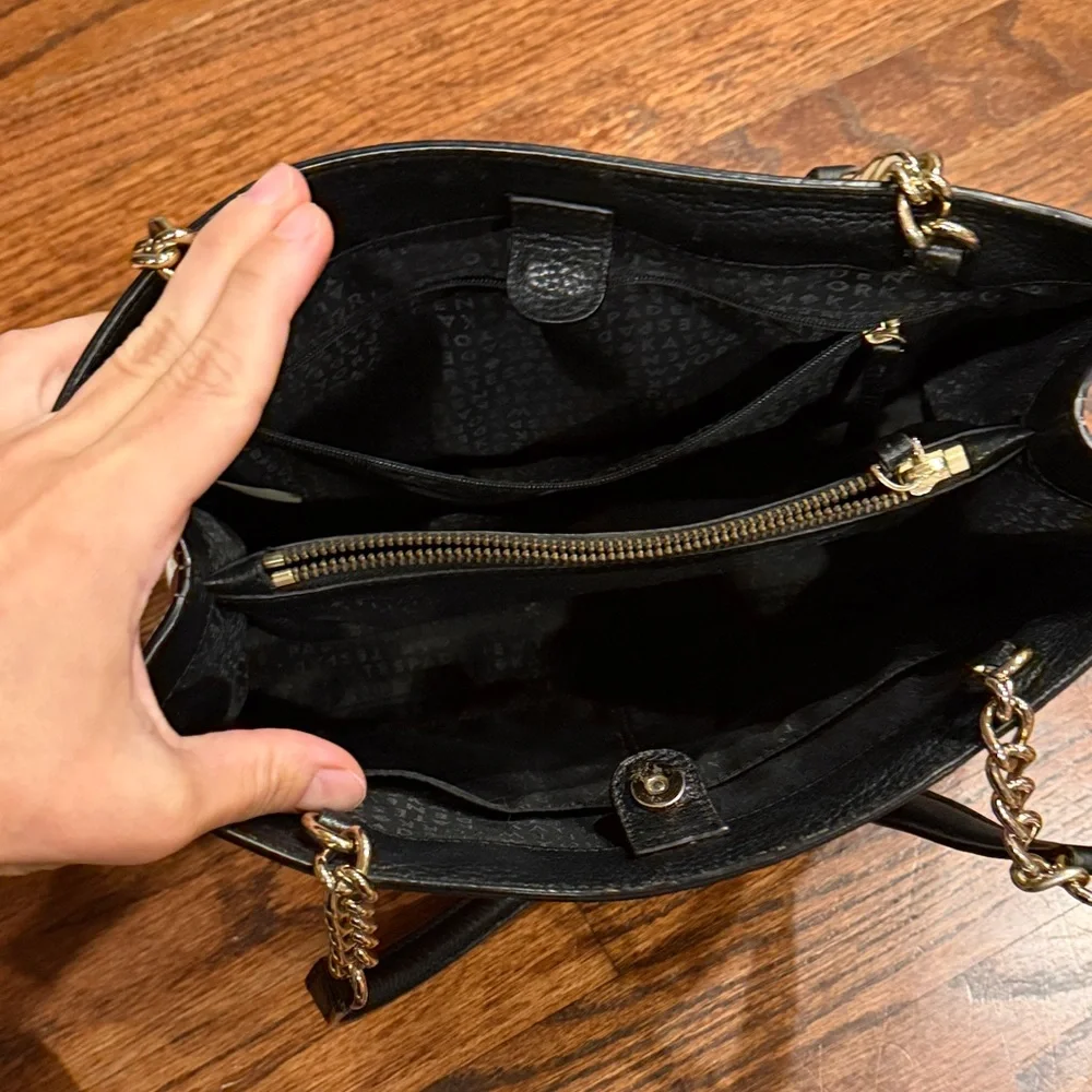 kate spade Cream & Black Leather Shoulder Tote with Gold Chain Straps